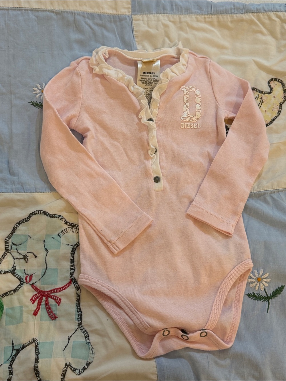 Diesel Pink Long-Sleeve Ruffle Trim One-Piece Bodysuit